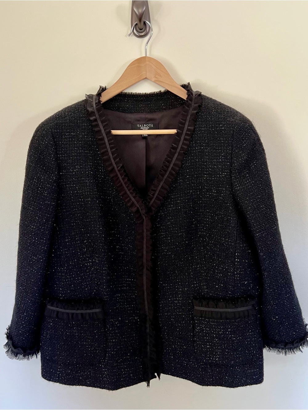 Talbots Black Tweed Frayed-Trim Open-Front Jacket
